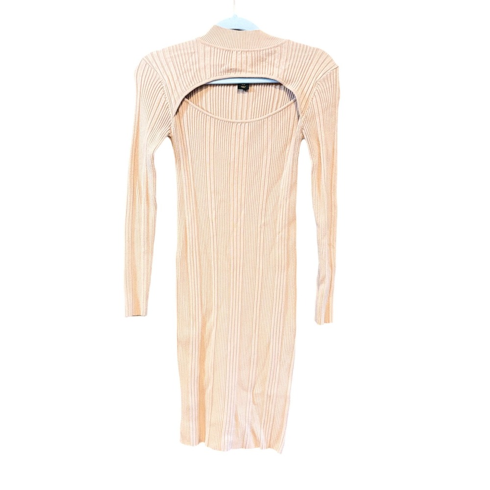 House of Harlow 1960 Beige Ribbed Cutout Mock Neck Midi Dress Womens Medium Tan